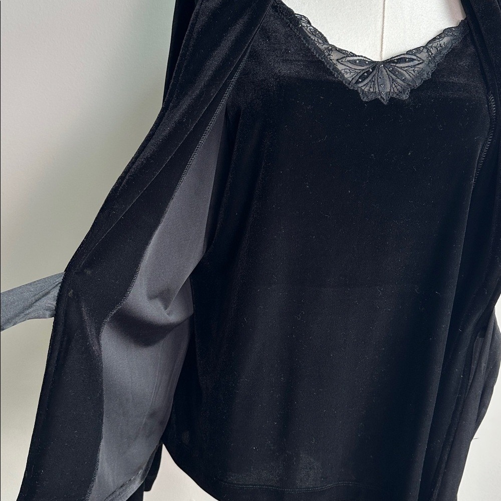 Vintage Neutral Black Velvet Lace Trim Whimsigoth Dark Romantic Tie Front Top L - Picture 3 of 9